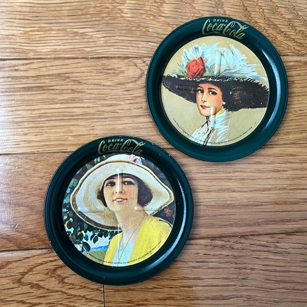 Set of Two (2) Vintage Victorian Ladies Drink Coca-Cola Tin Coasters